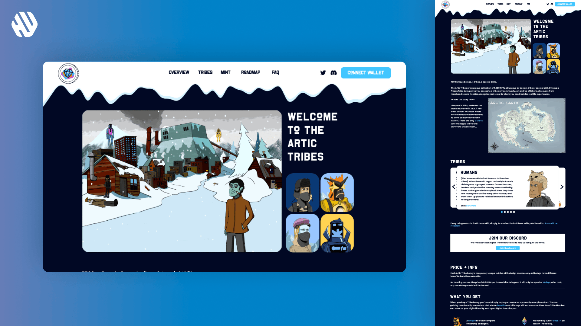 Screenshot of Arctic Tribes website with snowy village illustration and character avatars.